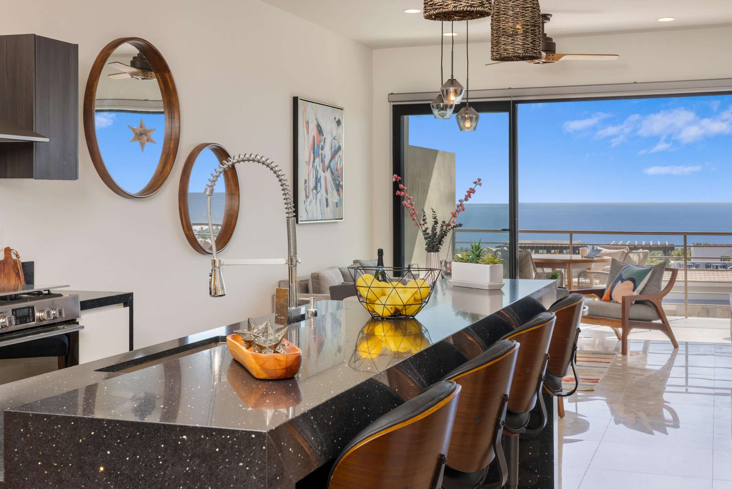 Los Cabos Villas Del Sol Great location, close to all amenities in Cabo San Lucas, walking distance to Medano Beach and to the CSL Marina, restaurants, bars, shops, supermarkets and all vibrant life in Cabo! This 115 m2 (1240 sqft) under AC condo has ceramic floor tiles, high vaulted ceilings, lots of natural light, back terrace with sink, electric water heater, AC mini splits and ceiling fans on each room, hardwood kitchen with propane stove, laundry closet, large living area, one parking space. Villa del Sol is a boutique gated community of only 22 private residencies with common palapa and pool area. Low HOAs. Walk everywhere, enjoy Cabo! for sale