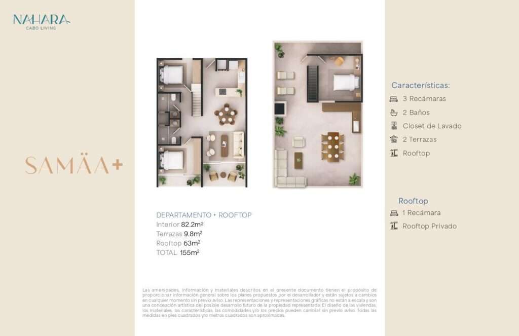 Los Cabos Nahara Cabo Living Penthouse Model featuring a total of 3 bedrooms, including 2 bedrooms on the main level and a third bedroom on the private rooftop terrace. Thoughtfully designed to maximize space, comfort, and natural light, this residence offers two expansive terraces that create a bright and inviting indoor-outdoor living experience.The development features elevator access, a commercial area, resort-style swimming pools, a fully equipped fitness center, and an exceptional collection of luxury amenities. Enjoy beautiful ocean – SAMÄA+ NAHARA CABO LIVING, Cabo Corridor, Cabo Corridor, BS