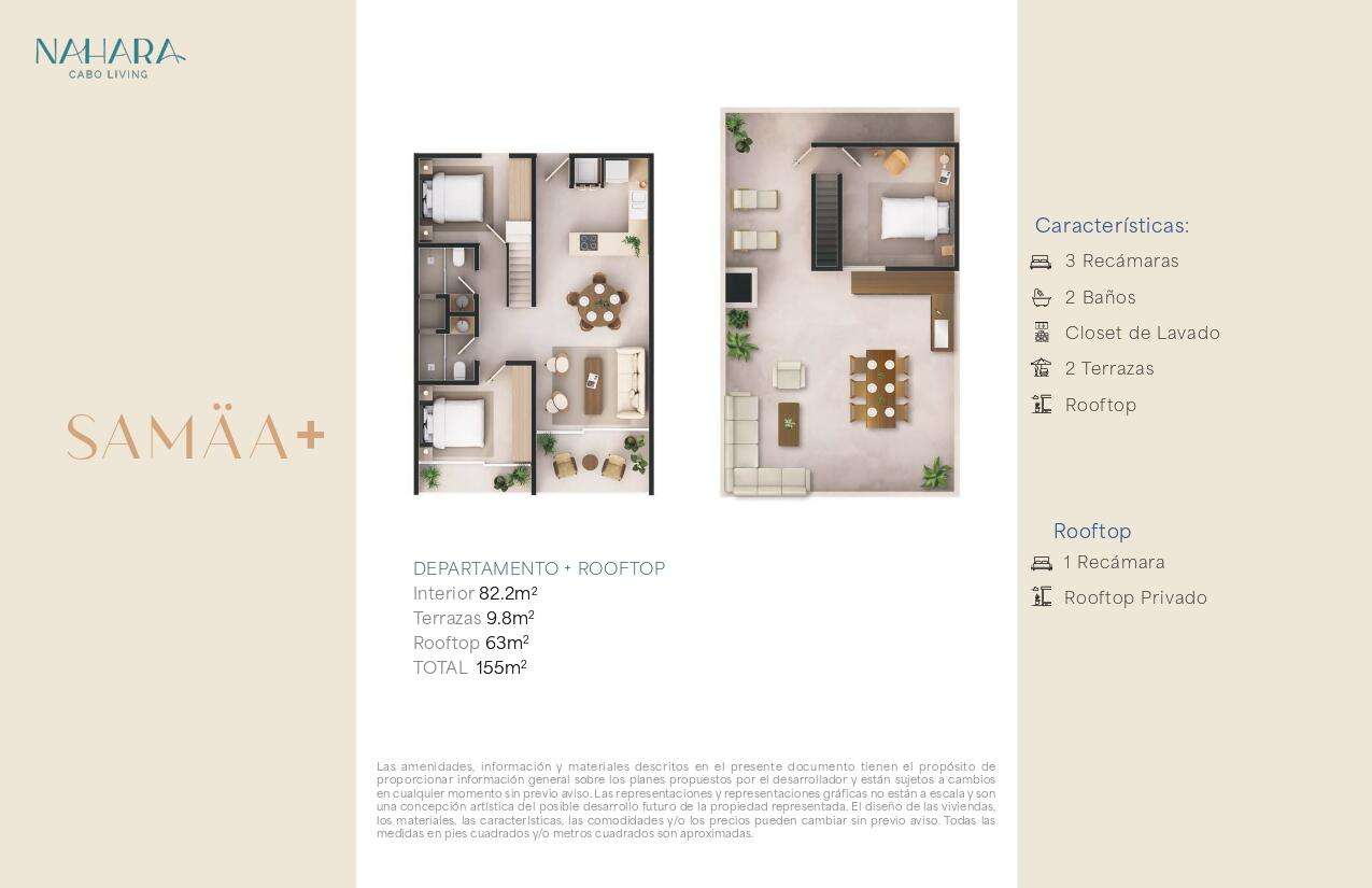 Los Cabos Nahara Cabo Living Penthouse Model featuring a total of 3 bedrooms, including 2 bedrooms on the main level and a third bedroom on the private rooftop terrace. Thoughtfully designed to maximize space, comfort, and natural light, this residence offers two expansive terraces that create a bright and inviting indoor-outdoor living experience.The development features elevator access, a commercial area, resort-style swimming pools, a fully equipped fitness center, and an exceptional collection of luxury amenities. Enjoy beautiful ocean for sale