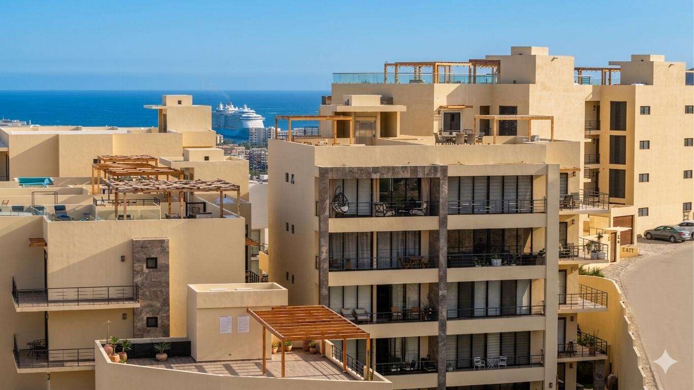 Los Cabos Vista Mare Condo for sale at Vista Mare, Cabo San Lucas, located on the third level with ocean and mountain for sale